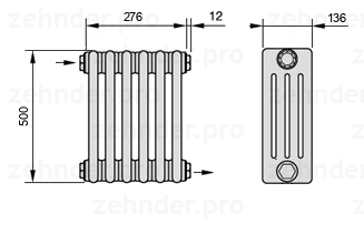 Схема (чертеж) Радиатор Zehnder Charleston 4050/6 №1670 Белый глянцевый RAL 9016